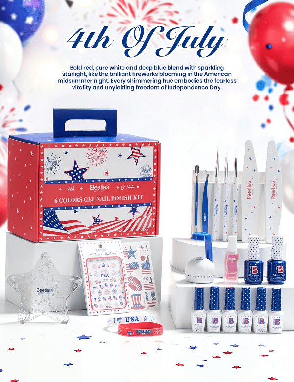 Beetles Fourth of July gel nail polish kit with lamp, tools, colors, and nail art accessories