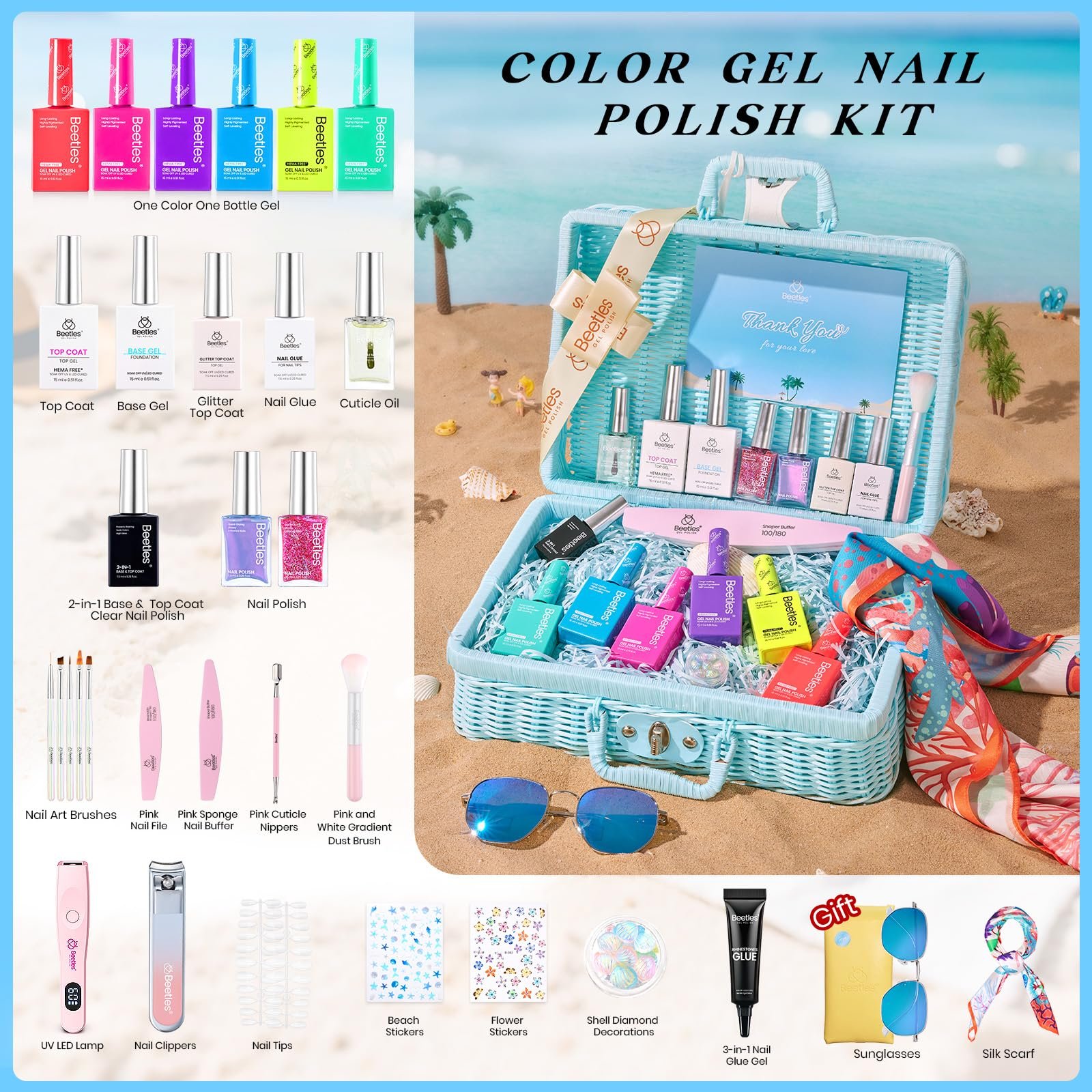 Beetles color gel nail polish picnic-style kit with polish bottles, tools, lamp, decorations, and accessories